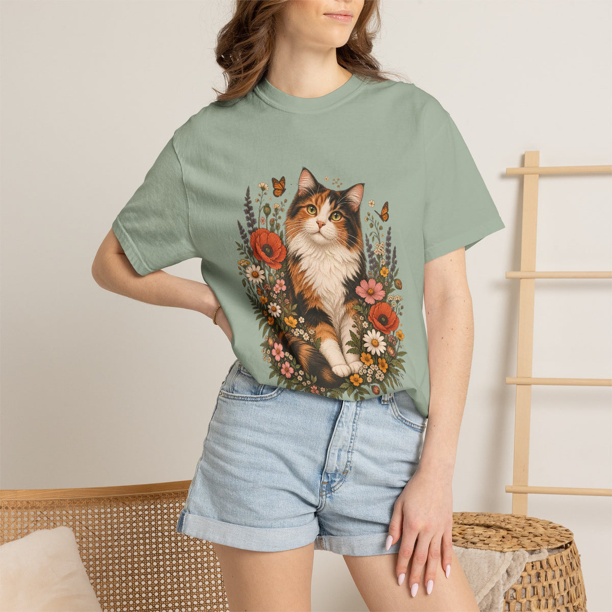 Comfort Colors® Calico Cat Wildflower T-Shirt, Floral Cat Lover Gift, Cottagecore Kitty Butterfly Graphic Tee, Vintage Garden Cat Mom Shirt