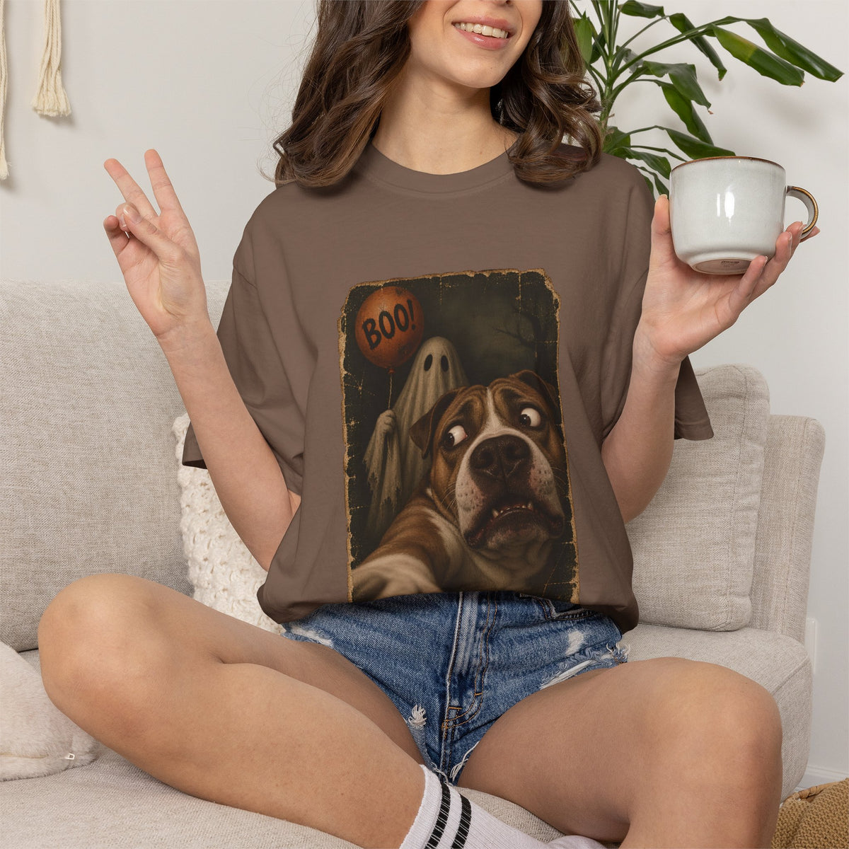 Comfort Colors® Boo Ghost Dog T-Shirt, Funny Halloween Bulldog Lover Gift, Scared Dog Spooky Season Gift, Vintage Pet Selfie Graphic Tee