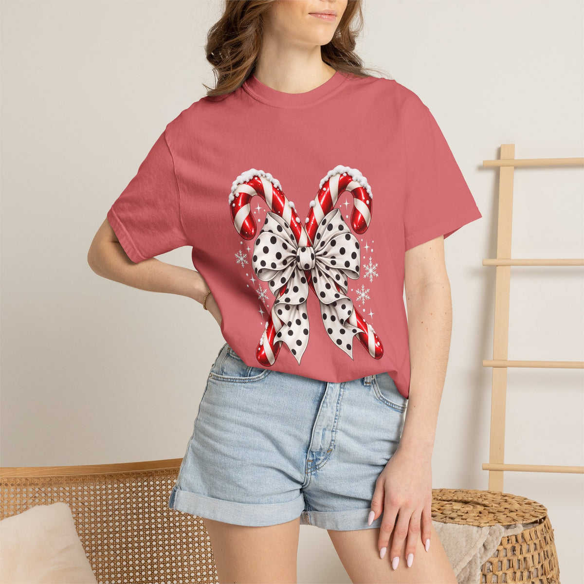 Comfort Colors® Candy Cane Bow T-Shirt, Coquette Christmas Lover Gift, Candy Cane Coquette Shirt, Cute Festive Candy Cane Gift for Her