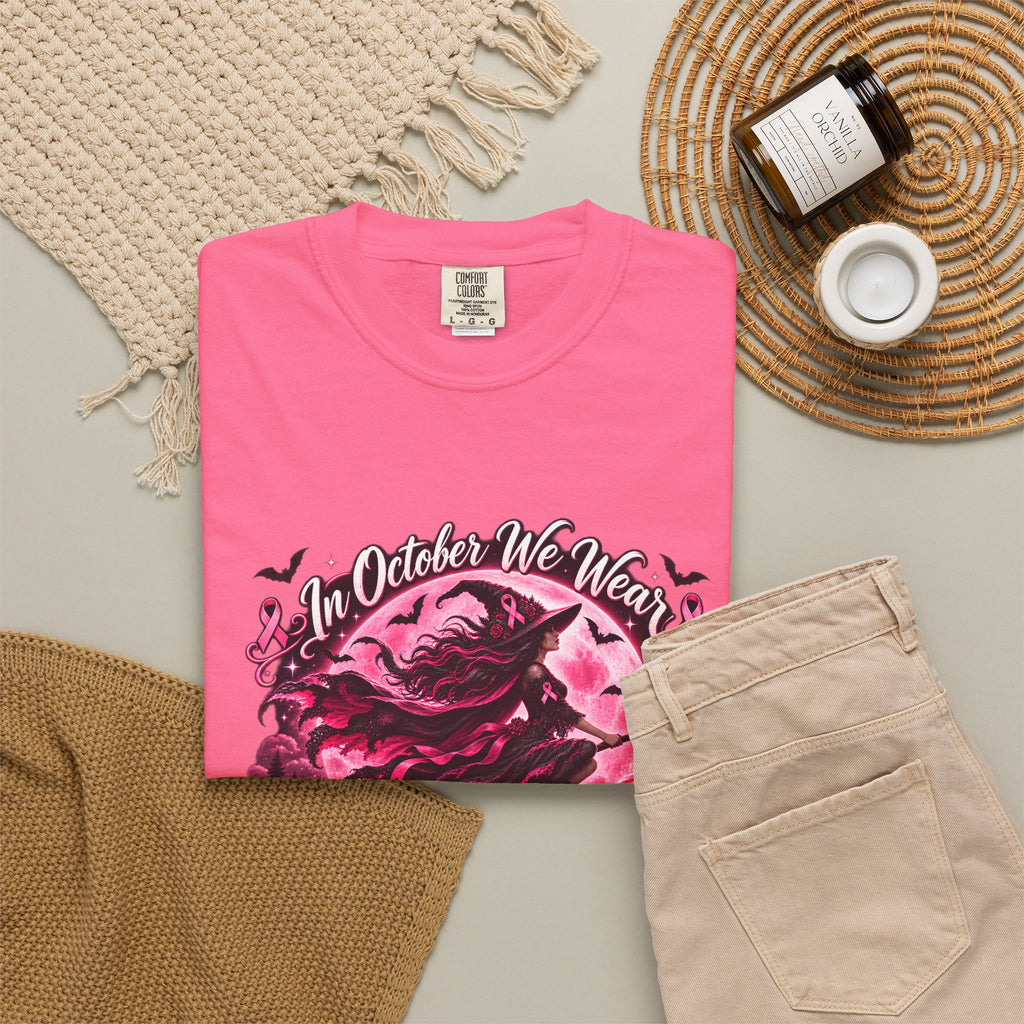 Comfort Colors® In October We Wear Pink T-Shirt, Breast Cancer Awareness Witch Gift, Pink Ribbon Halloween, Spooky Survivor Support Shirt