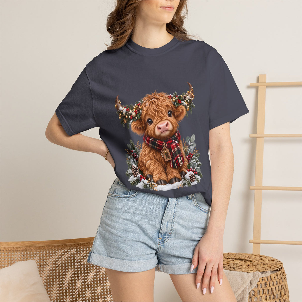 Comfort Colors® Cute Highland Cow Christmas T-Shirt, Festive Cow Lover Gift, Winter Farm Lover Gift, Christmas Farm Animal Gift