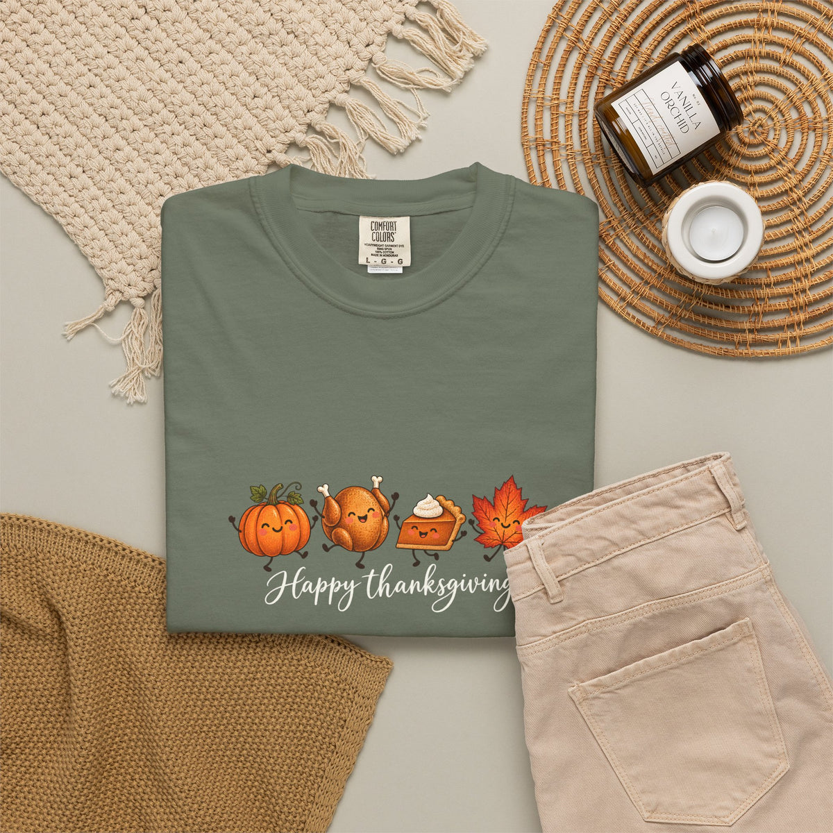 Comfort Colors® Happy Thanksgiving T-Shirt, Cute Turkey Pumpkin Lover Gift, Kawaii Fall Food Gift, Autumn Family Dinner Graphic Tee