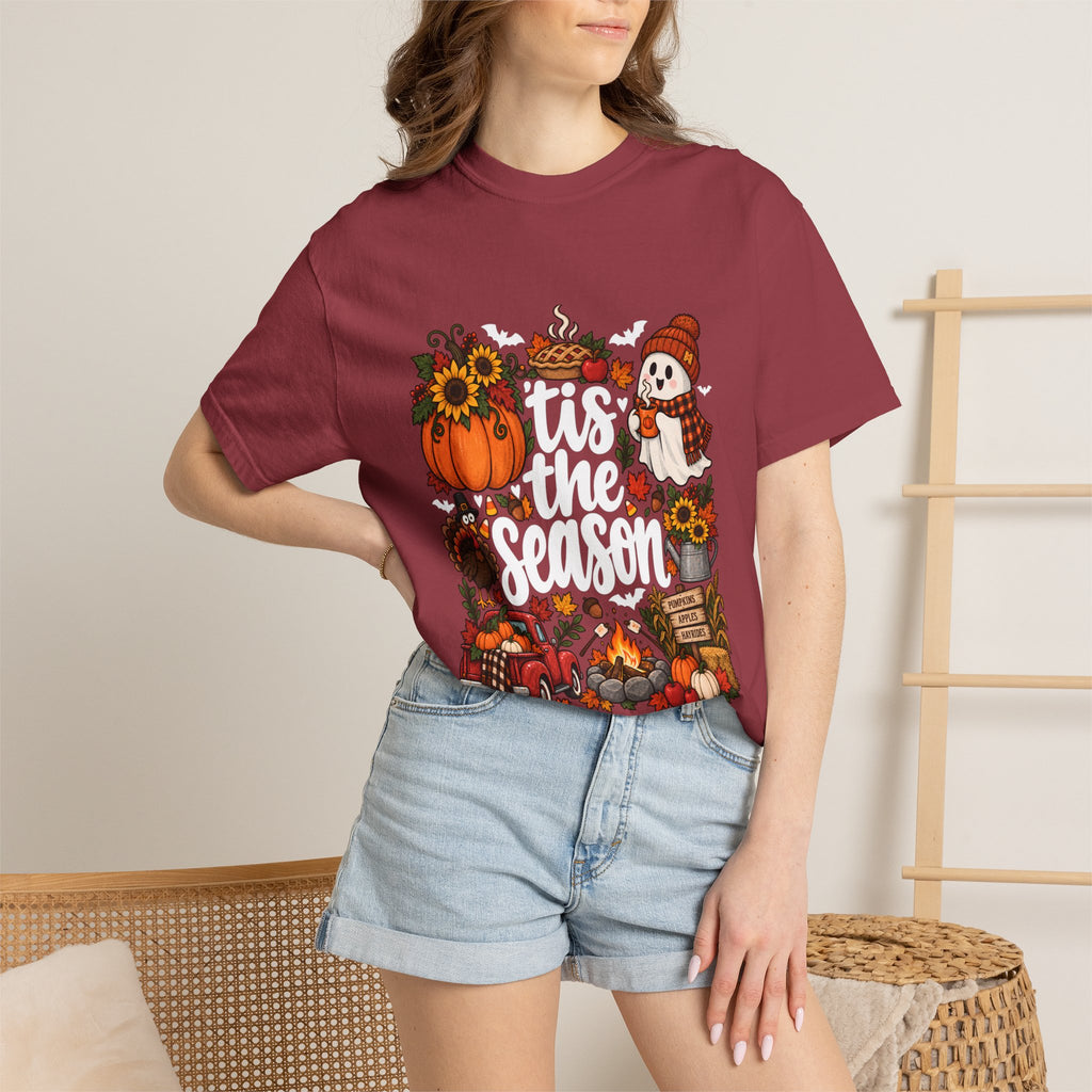 T-shirt Comfort Colors® « Tis the Season », cadeau pour amateur de citrouilles, t-shirt pour l'automne, Thanksgiving et Halloween, t-shirt douillet pour la saison des récoltes pour femmes
