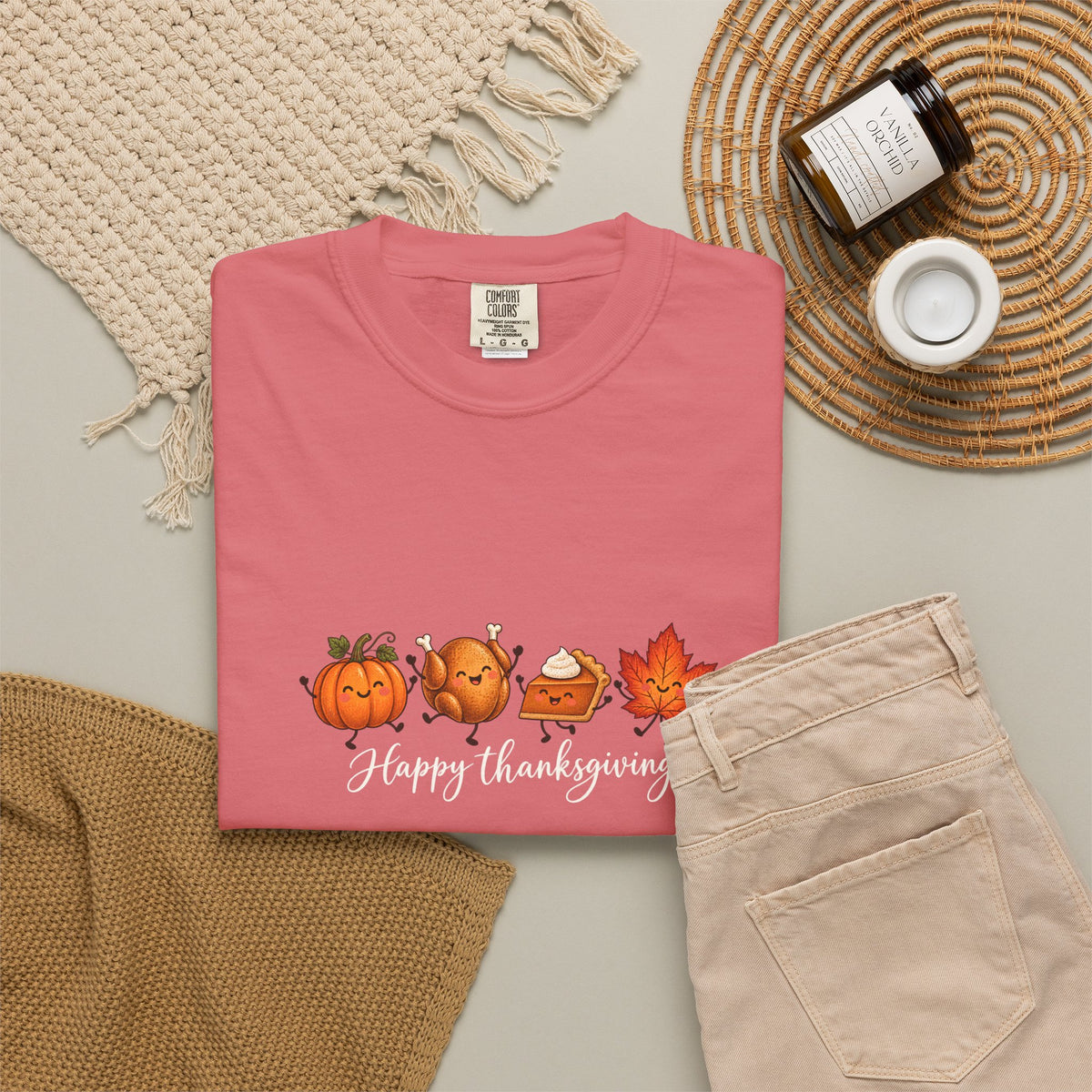 Comfort Colors® Happy Thanksgiving T-Shirt, Cute Turkey Pumpkin Lover Gift, Kawaii Fall Food Gift, Autumn Family Dinner Graphic Tee