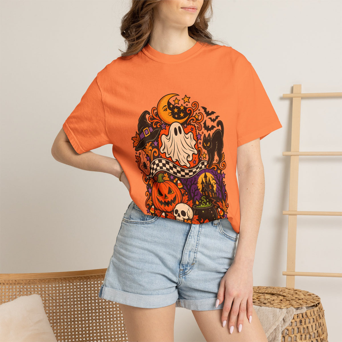 Comfort Colors® Vintage Halloween Shirt, Black Cat Skull Graphic Tee, Spooky Season Sweatshirt, Retro Halloween Season Gift