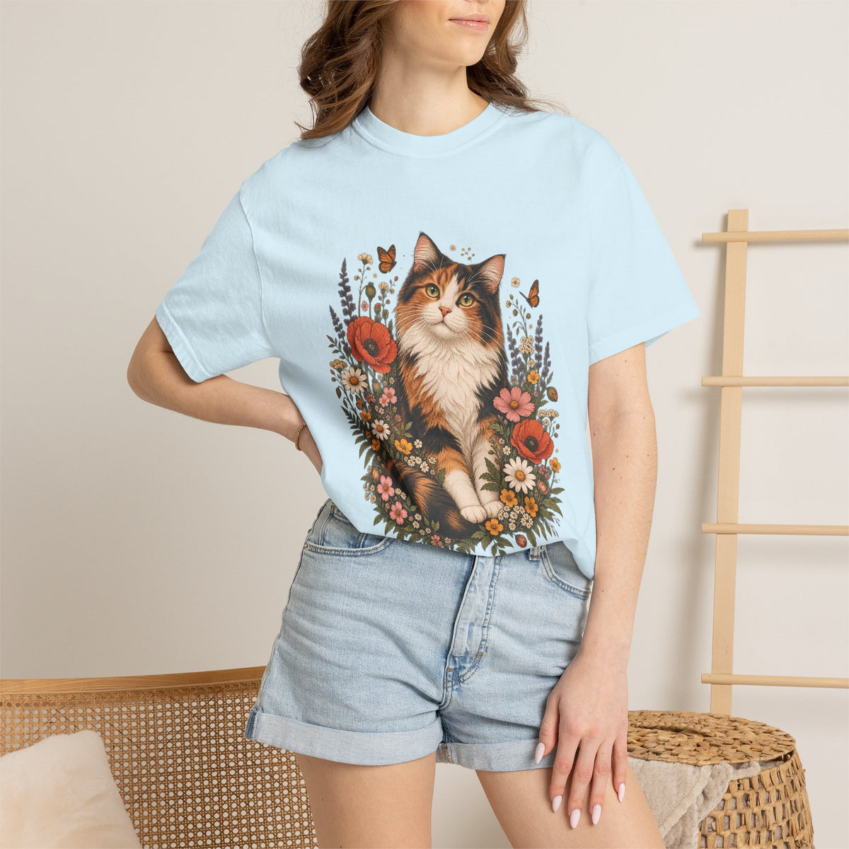 Comfort Colors® Calico Cat Wildflower T-Shirt, Floral Cat Lover Gift, Cottagecore Kitty Butterfly Graphic Tee, Vintage Garden Cat Mom Shirt