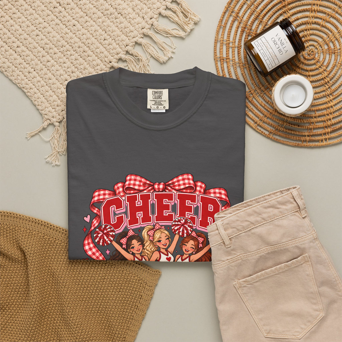 Comfort Colors® Cheer Squad T-Shirt, Red Gingham Bow Cheerleader Gift, Cute Cheer Team Spirit Graphic Tee, Cheerleading Girls Coach Gift