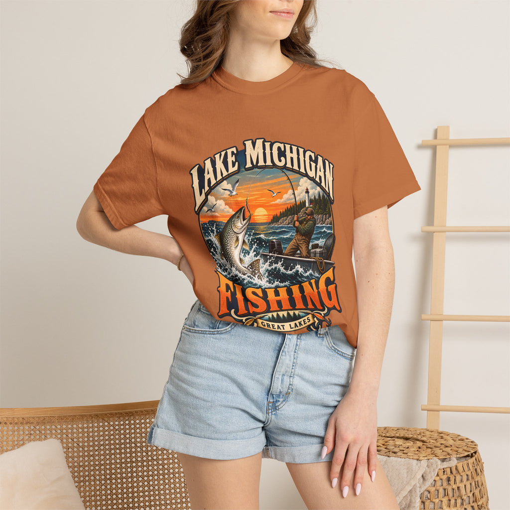 Comfort Colors® Lake Michigan Fishing T-Shirt, Great Lakes Angler Gift, Trout Fisherman Sunset Graphic Tee, Michigan Fishing Lover Shirt
