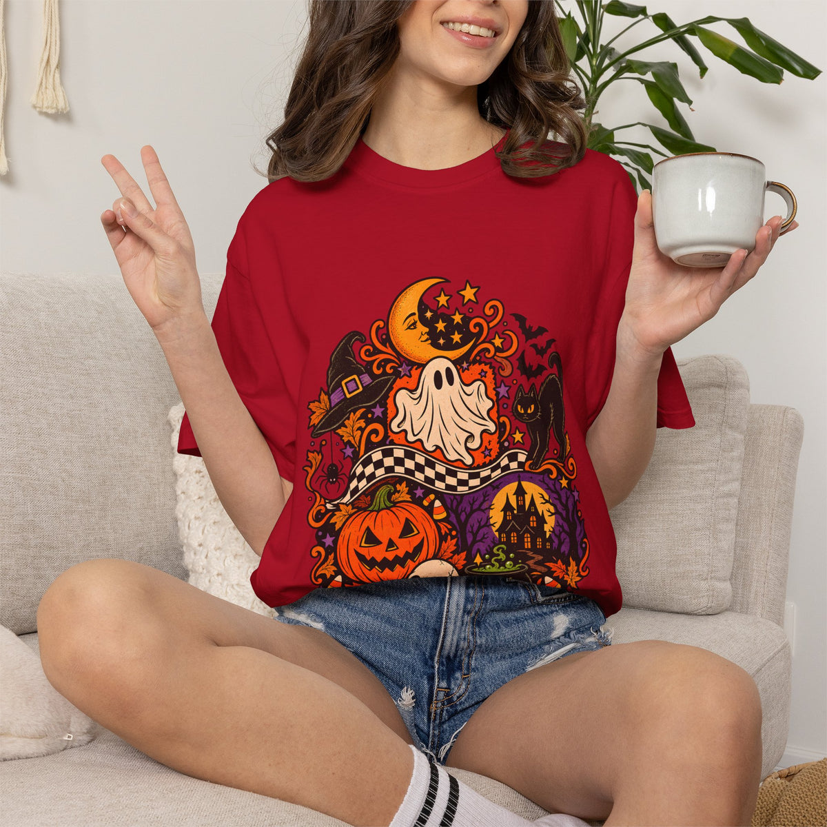 Comfort Colors® Vintage Halloween Shirt, Black Cat Skull Graphic Tee, Spooky Season Sweatshirt, Retro Halloween Season Gift