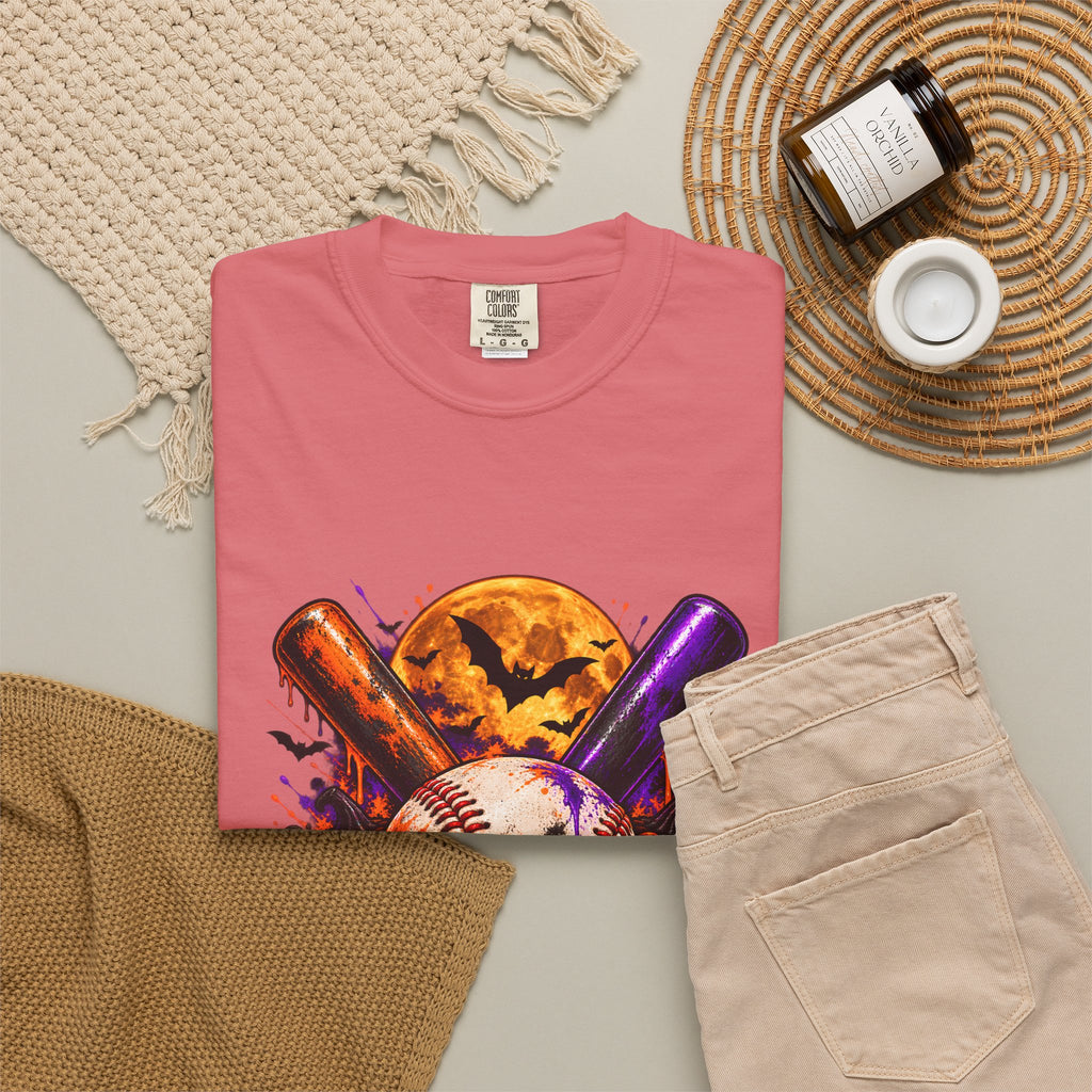 T-shirt de baseball Halloween Comfort Colors®, cadeau de joueur de baseball effrayant, t-shirt graphique pour amateur de baseball citrouille, t-shirt de fan de sport pour Halloween