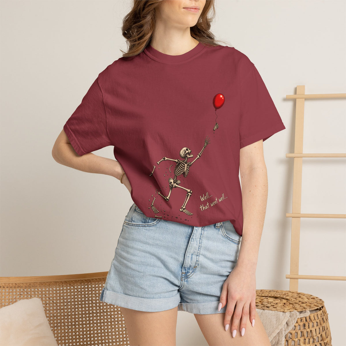 Comfort Colors® Well That Went Well T-Shirt, Funny Skeleton Halloween Gift, Red Balloon Dark Humor Gift, Vintage Spooky Skeleton Graphic Tee