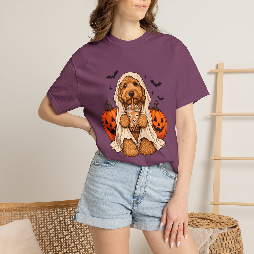 Comfort Colors® Halloween Ghost Dog Boba T-Shirt, Cute Doodle Dog Lover Gift, Spooky Pumpkin Bubble Tea Gift, Fall Pet Graphic Tee