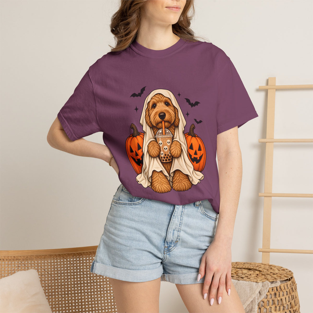 Comfort Colors® Halloween Ghost Dog Boba T-Shirt, Cute Doodle Dog Lover Gift, Spooky Pumpkin Bubble Tea Gift, Fall Pet Graphic Tee