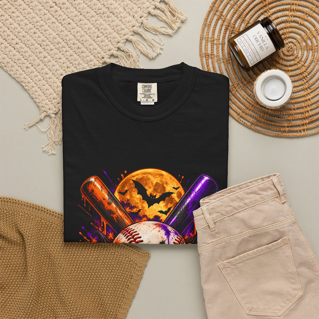 T-shirt de baseball Halloween Comfort Colors®, cadeau de joueur de baseball effrayant, t-shirt graphique pour amateur de baseball citrouille, t-shirt de fan de sport pour Halloween