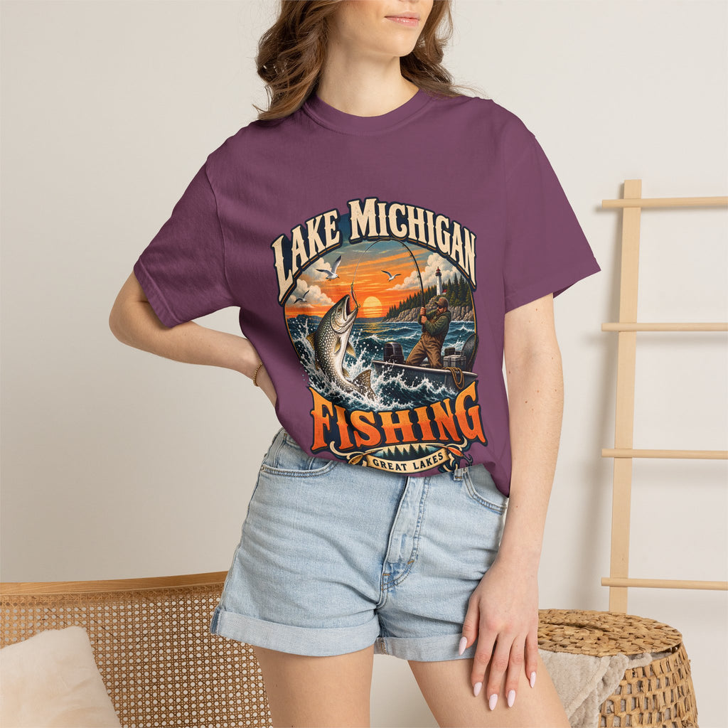 Comfort Colors® Lake Michigan Fishing T-Shirt, Great Lakes Angler Gift, Trout Fisherman Sunset Graphic Tee, Michigan Fishing Lover Shirt