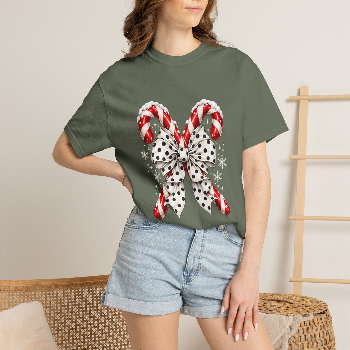 Comfort Colors® Candy Cane Bow T-Shirt, Coquette Christmas Lover Gift, Candy Cane Coquette Shirt, Cute Festive Candy Cane Gift for Her