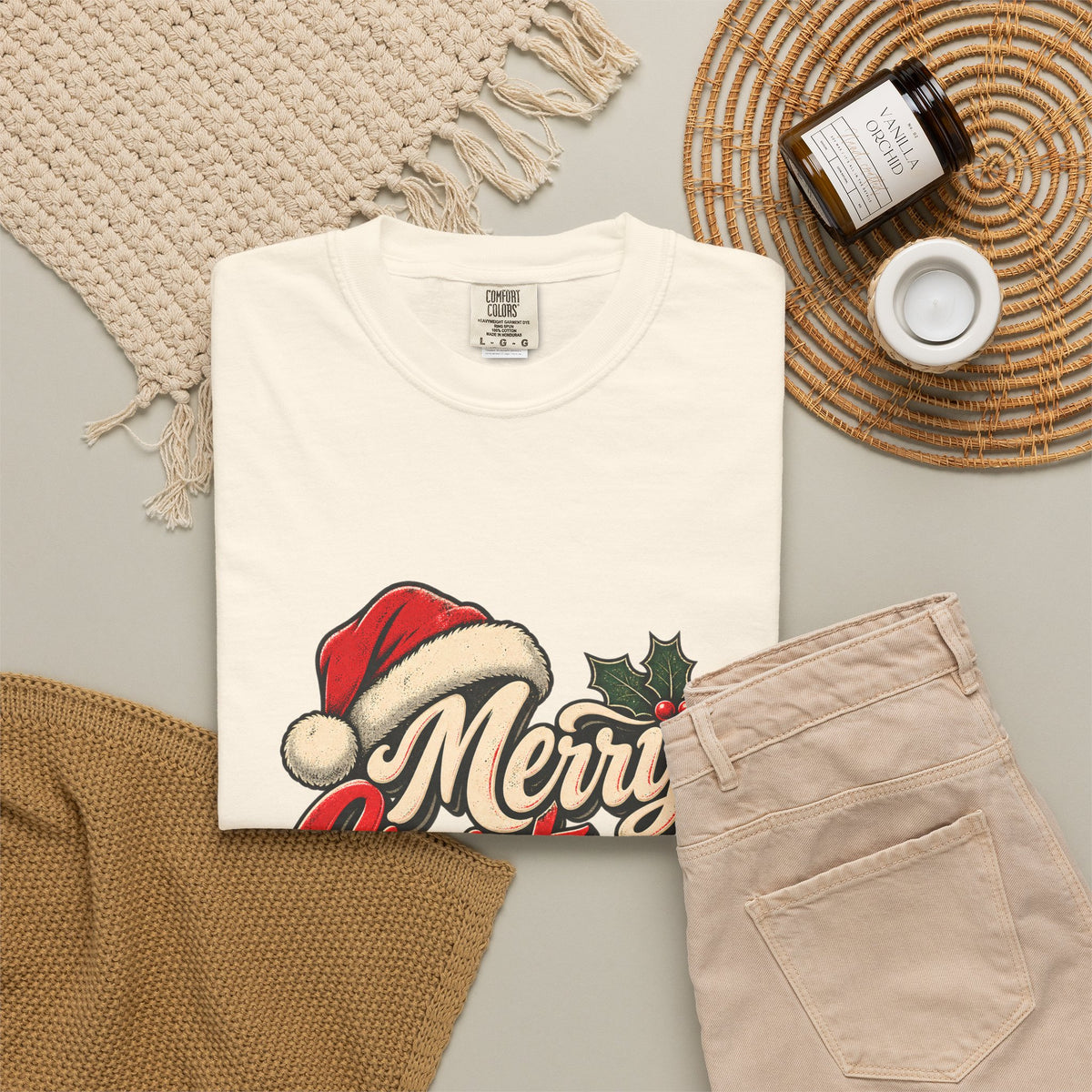 Comfort Colors® Merry Christmas T-Shirt, Vintage Christmas Holiday Gift, Retro Santa Hat Christmas Lover Gift, Festive Holiday Graphic Tee