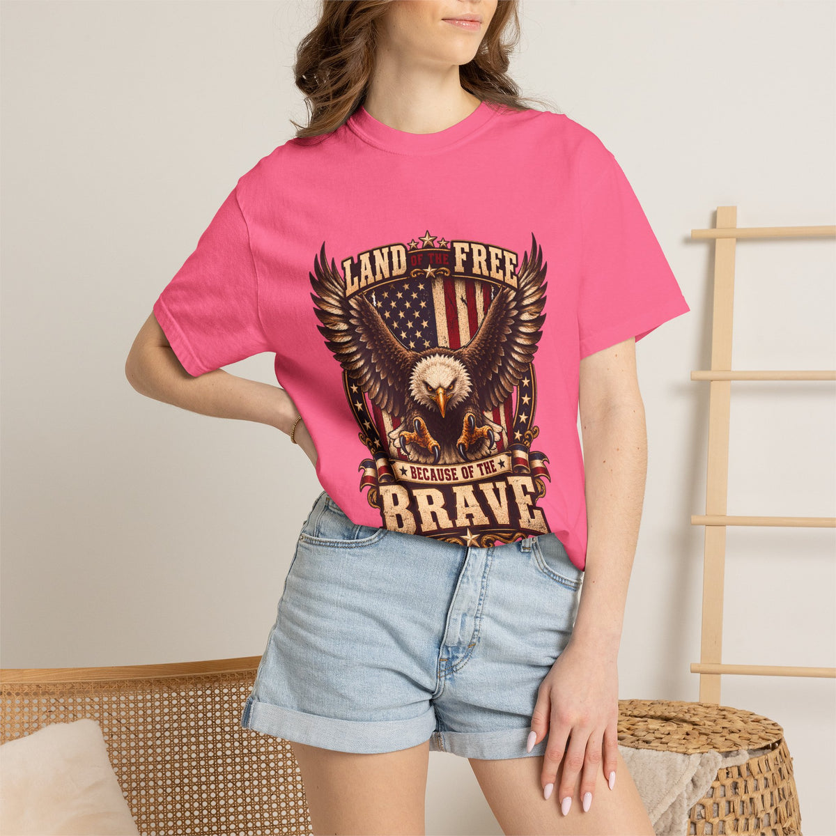 Comfort Colors® Land of the Free Because of the Brave T-Shirt, Patriotic Bald Eagle Gift, American Flag Veteran, Military Support Shirt