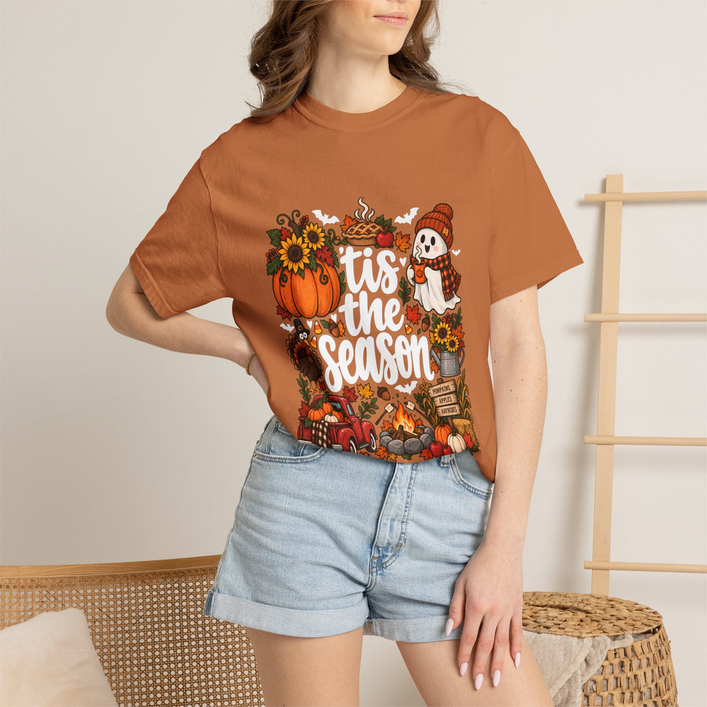 T-shirt Comfort Colors® « Tis the Season », cadeau pour amateur de citrouilles, t-shirt pour l'automne, Thanksgiving et Halloween, t-shirt douillet pour la saison des récoltes pour femmes