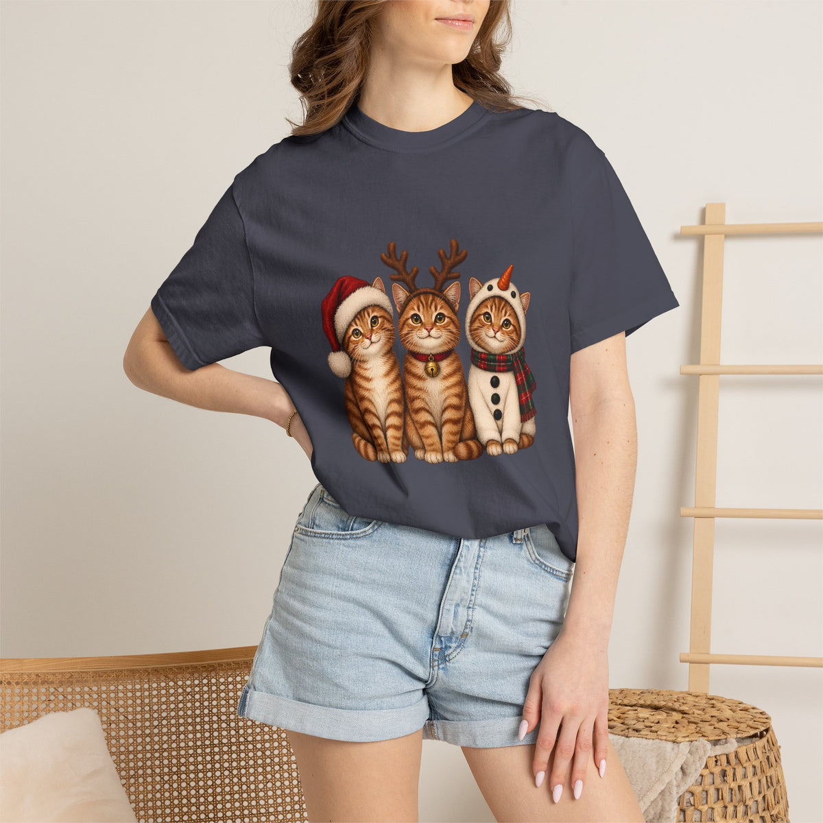 Comfort Colors® Christmas Cats T-Shirt, Cute Holiday Cat Lover Gift, Funny Santa Reindeer Snowman Cats Gift, Festive Kitty Graphic Tee