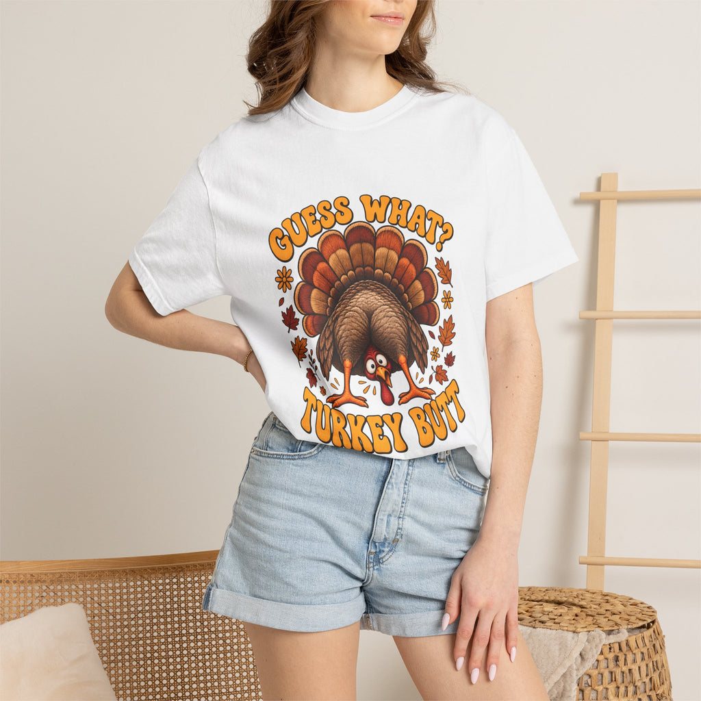 Camiseta Comfort Colors® "Guess What Turkey Butt", regalo divertido de Acción de Gracias con pavo, regalo retro con humor para la cena de otoño, camiseta gráfica familiar para Acción de Gracias