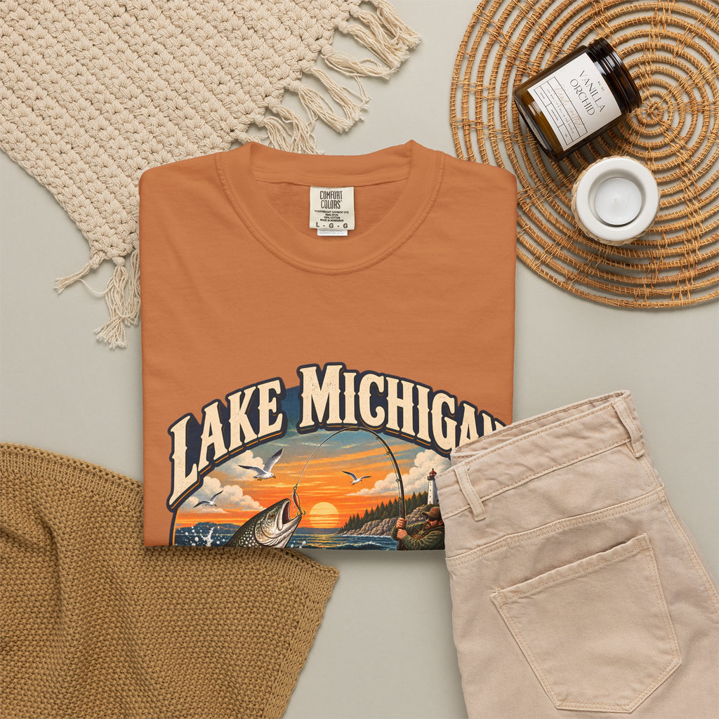 Comfort Colors® Lake Michigan Fishing T-Shirt, Great Lakes Angler Gift, Trout Fisherman Sunset Graphic Tee, Michigan Fishing Lover Shirt