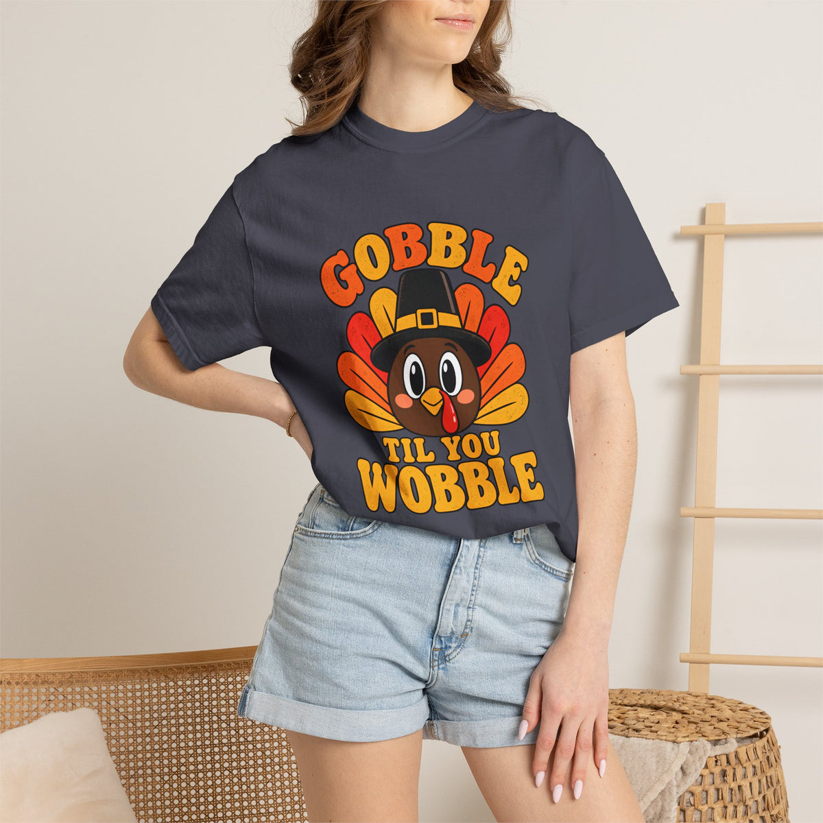 Comfort Colors® Gobble Til You Wobble T-Shirt, Funny Thanksgiving Turkey Gift, Retro Family Dinner Humor Gift, Cute Fall Turkey Graphic Tee