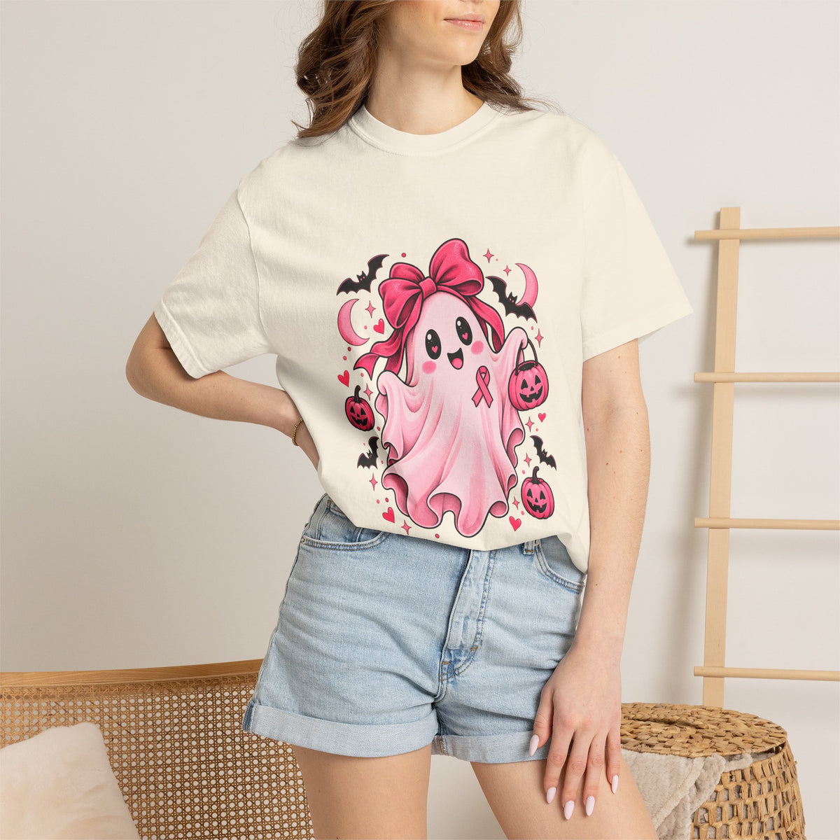 Comfort Colors® Pink Ribbon Ghost T-Shirt, Breast Cancer Awareness Halloween Gift, Cute Spooky Survivor Support Shirt, Pink October Shirt