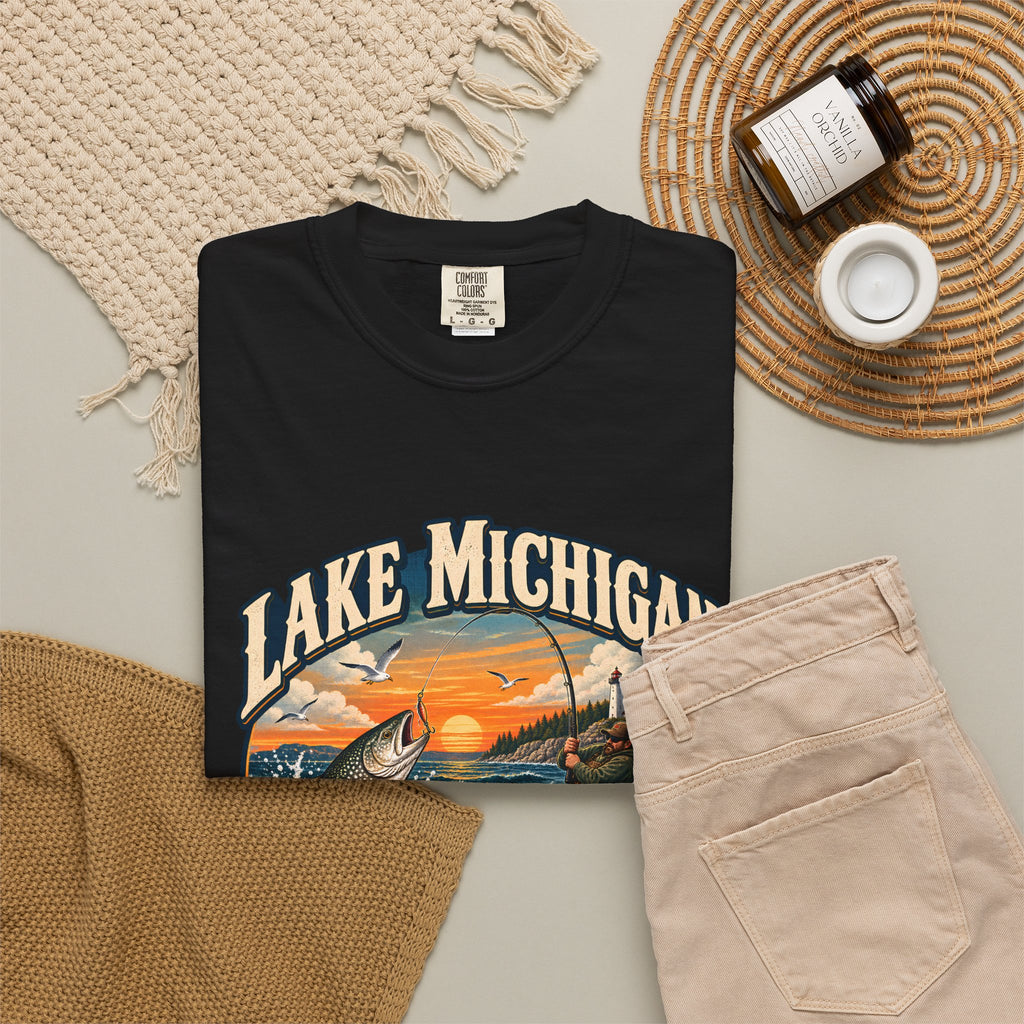 Comfort Colors® Lake Michigan Fishing T-Shirt, Great Lakes Angler Gift, Trout Fisherman Sunset Graphic Tee, Michigan Fishing Lover Shirt