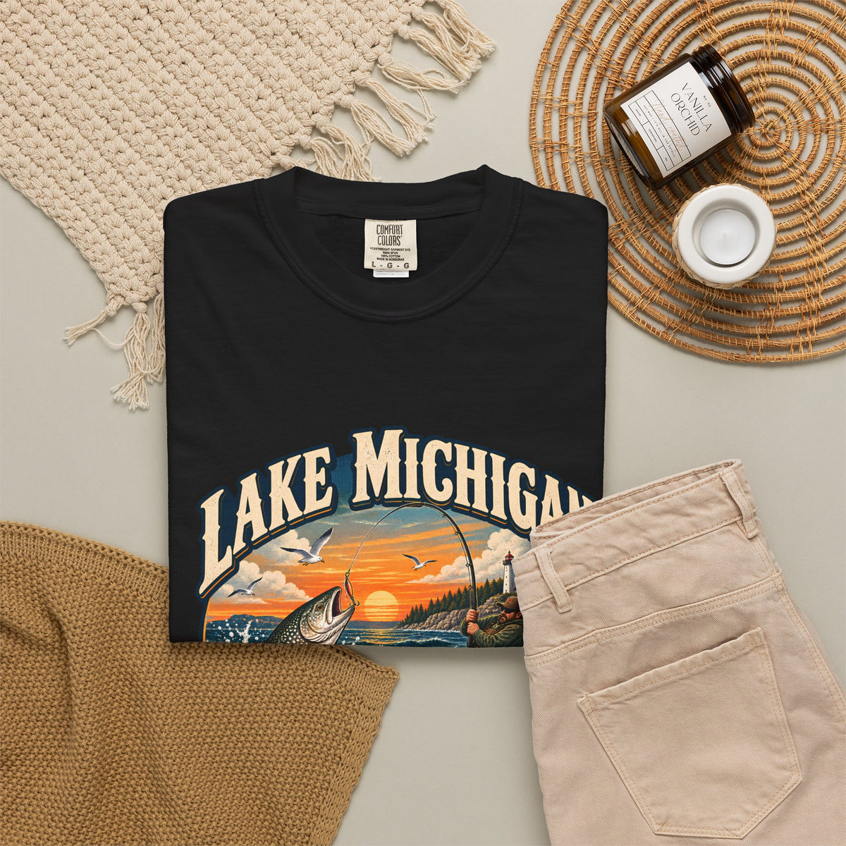 Comfort Colors® Lake Michigan Fishing T-Shirt, Great Lakes Angler Gift, Trout Fisherman Sunset Graphic Tee, Michigan Fishing Lover Shirt