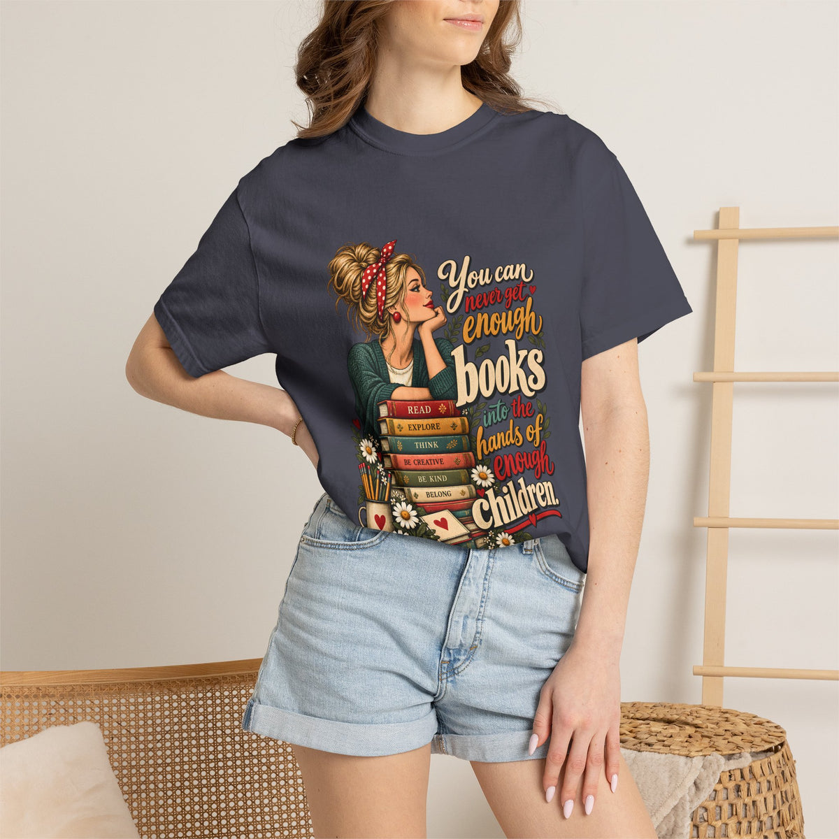 Comfort Colors® You Can Never Get Enough Books Into the Hands of Enough Children Shirt, Teacher Reading Gift, Book Lover Teacher Graphic Tee