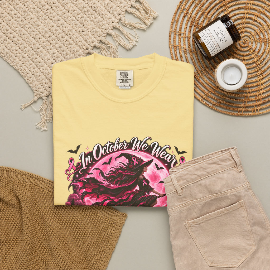 Comfort Colors® In October We Wear Pink T-Shirt, Breast Cancer Awareness Witch Gift, Pink Ribbon Halloween, Spooky Survivor Support Shirt
