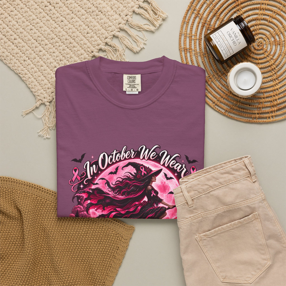 Comfort Colors® In October We Wear Pink T-Shirt, Breast Cancer Awareness Witch Gift, Pink Ribbon Halloween, Spooky Survivor Support Shirt