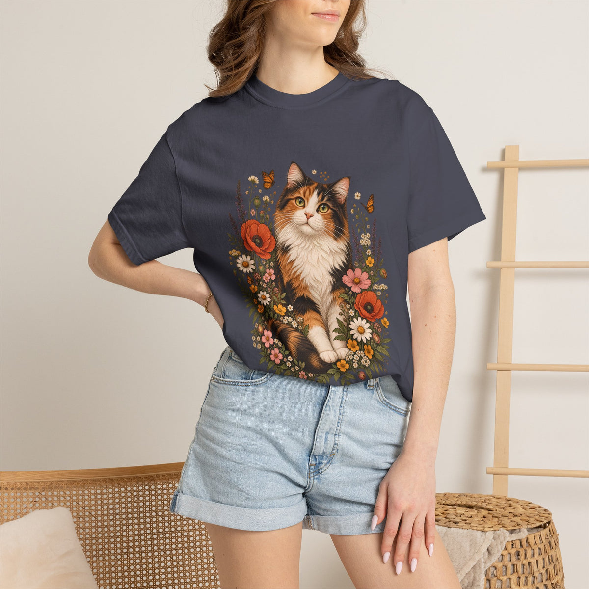 Comfort Colors® Calico Cat Wildflower T-Shirt, Floral Cat Lover Gift, Cottagecore Kitty Butterfly Graphic Tee, Vintage Garden Cat Mom Shirt