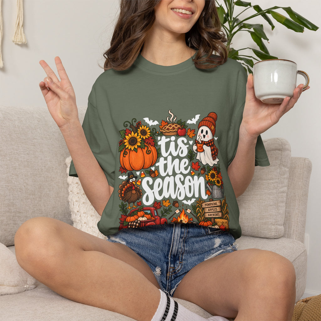T-shirt Comfort Colors® « Tis the Season », cadeau pour amateur de citrouilles, t-shirt pour l'automne, Thanksgiving et Halloween, t-shirt douillet pour la saison des récoltes pour femmes
