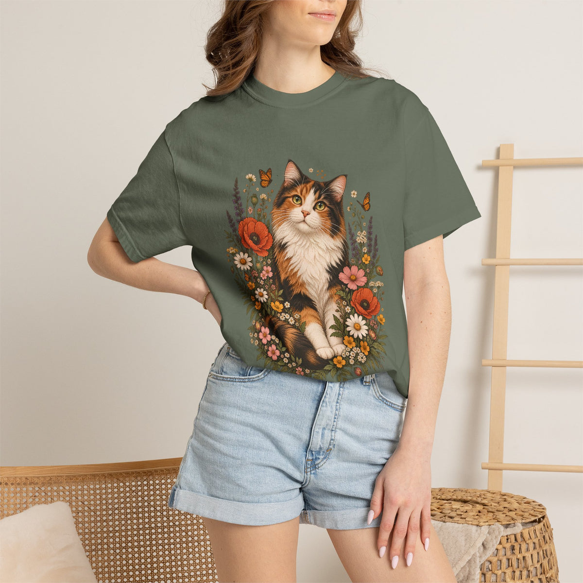 Comfort Colors® Calico Cat Wildflower T-Shirt, Floral Cat Lover Gift, Cottagecore Kitty Butterfly Graphic Tee, Vintage Garden Cat Mom Shirt