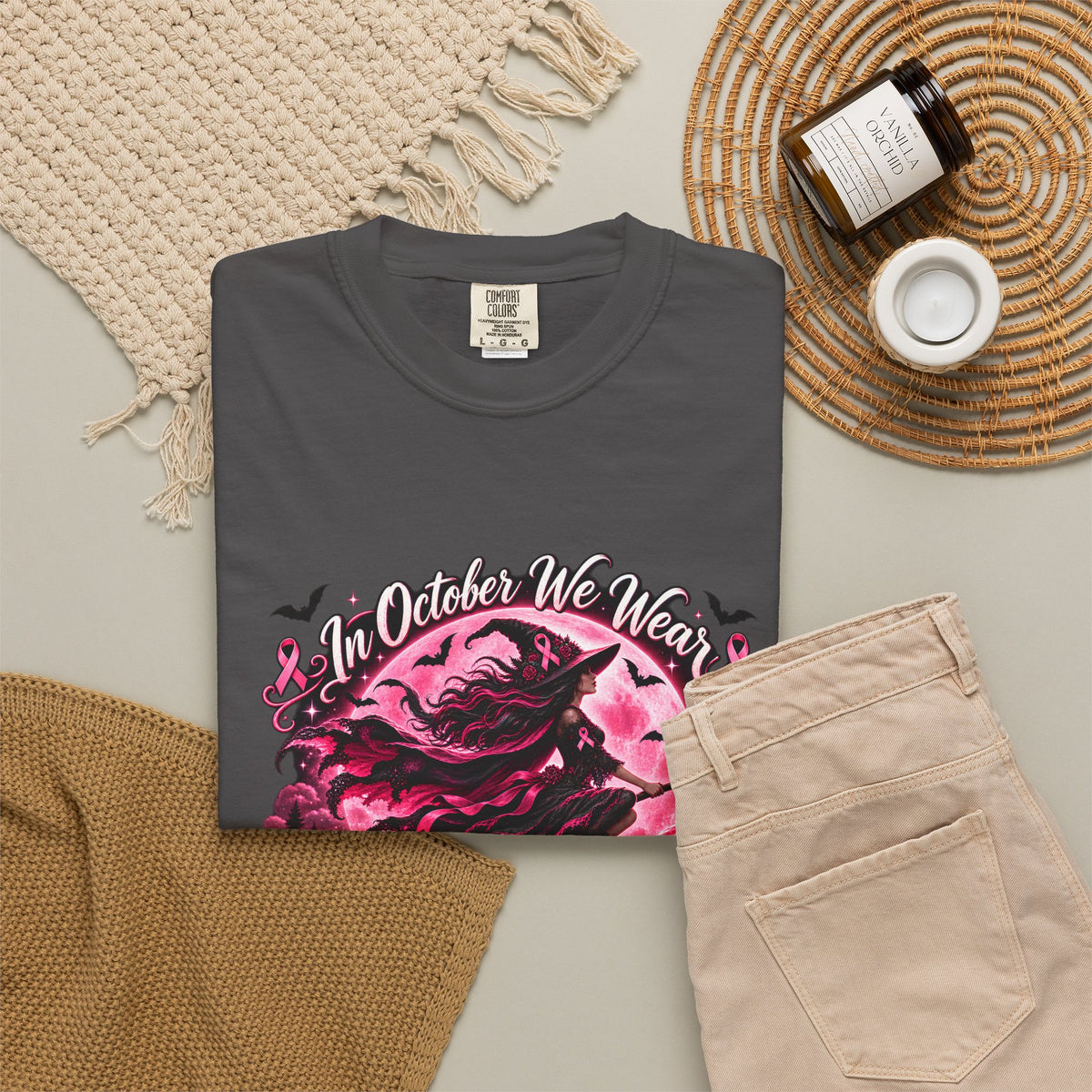 Comfort Colors® In October We Wear Pink T-Shirt, Breast Cancer Awareness Witch Gift, Pink Ribbon Halloween, Spooky Survivor Support Shirt