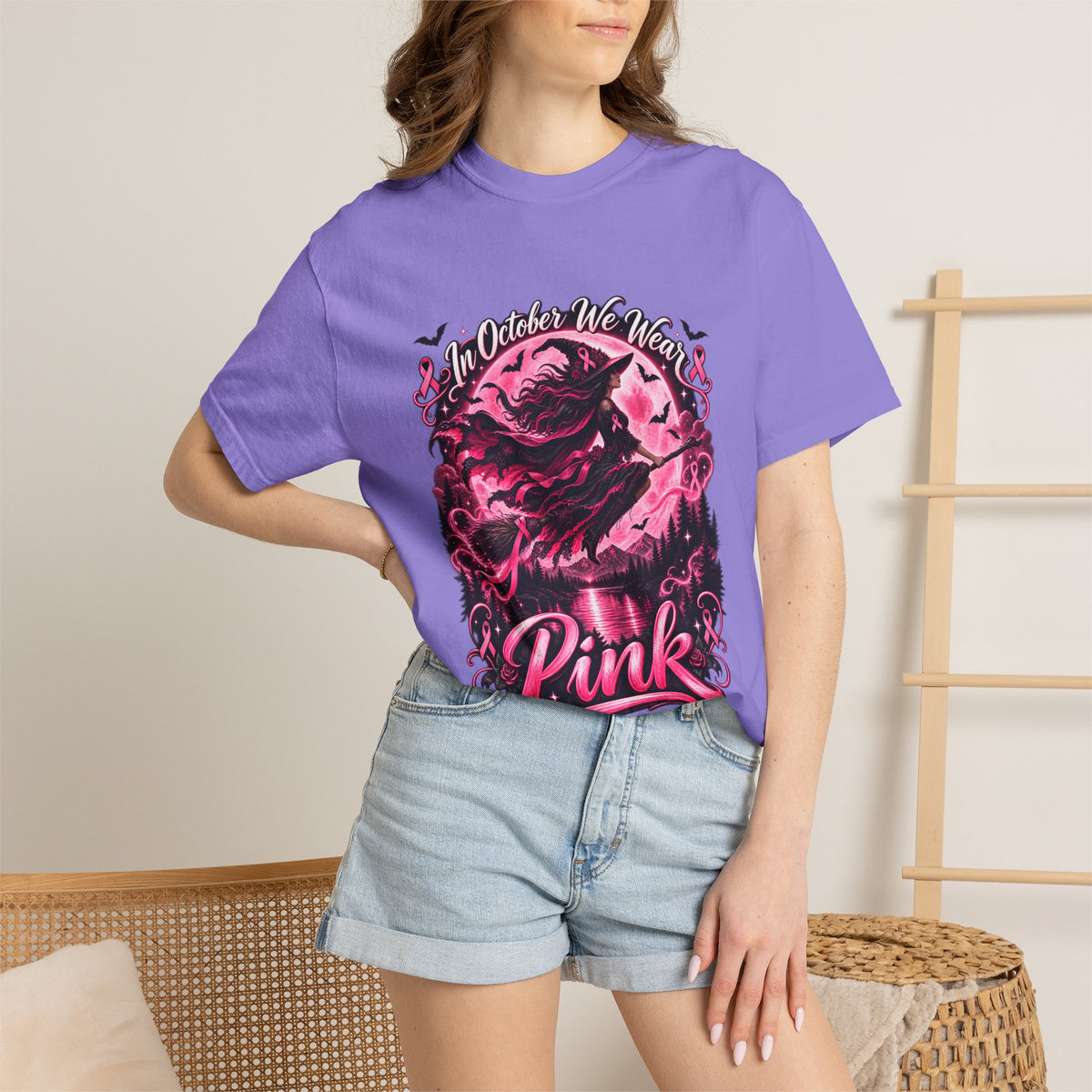 Comfort Colors® In October We Wear Pink T-Shirt, Breast Cancer Awareness Witch Gift, Pink Ribbon Halloween, Spooky Survivor Support Shirt