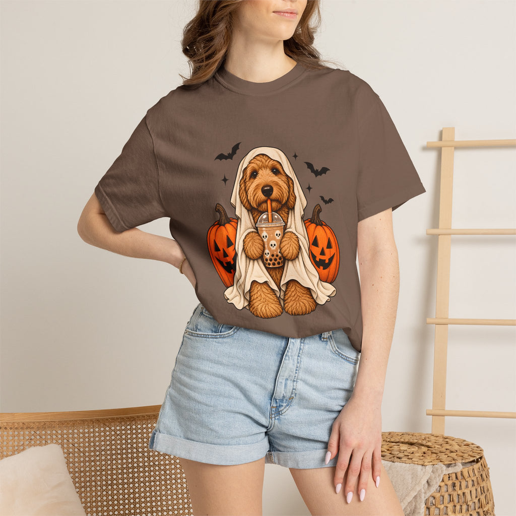Comfort Colors® Halloween Ghost Dog Boba T-Shirt, Cute Doodle Dog Lover Gift, Spooky Pumpkin Bubble Tea Gift, Fall Pet Graphic Tee