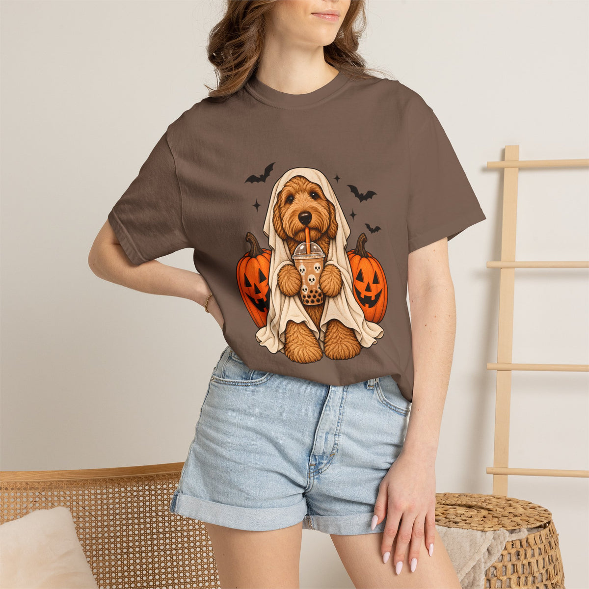 Comfort Colors® Halloween Ghost Dog Boba T-Shirt, Cute Doodle Dog Lover Gift, Spooky Pumpkin Bubble Tea Gift, Fall Pet Graphic Tee
