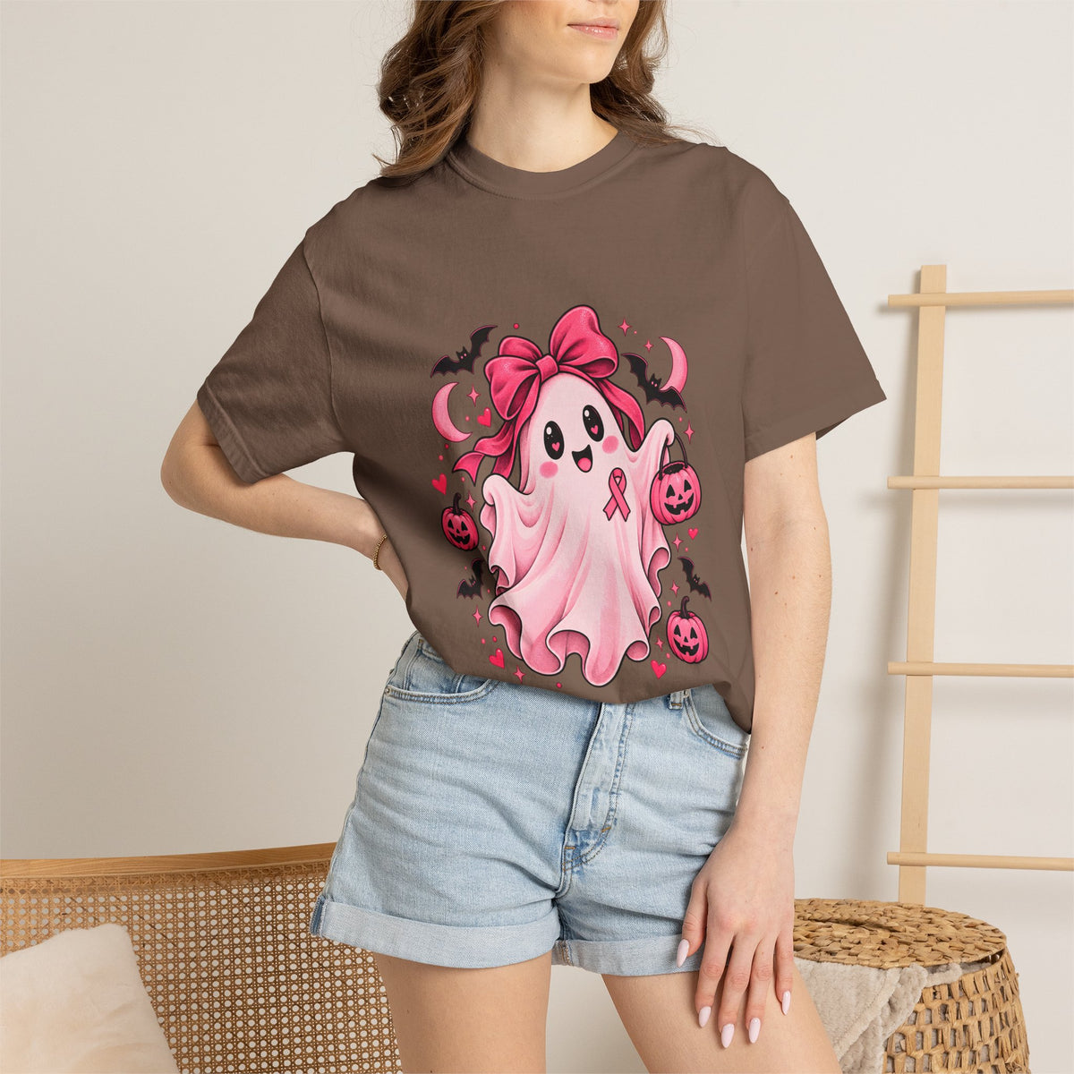 Comfort Colors® Pink Ribbon Ghost T-Shirt, Breast Cancer Awareness Halloween Gift, Cute Spooky Survivor Support Shirt, Pink October Shirt