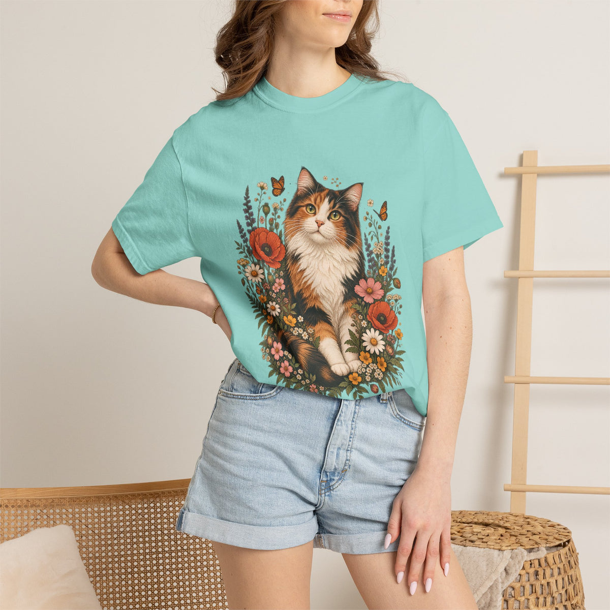 Comfort Colors® Calico Cat Wildflower T-Shirt, Floral Cat Lover Gift, Cottagecore Kitty Butterfly Graphic Tee, Vintage Garden Cat Mom Shirt