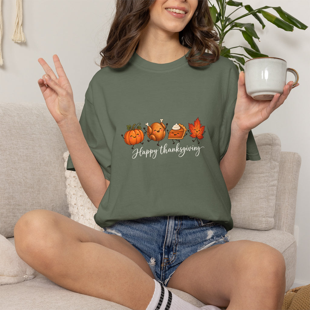 Comfort Colors® Happy Thanksgiving T-Shirt, Cute Turkey Pumpkin Lover Gift, Kawaii Fall Food Gift, Autumn Family Dinner Graphic Tee