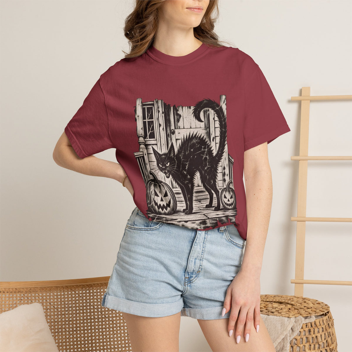 Comfort Colors® Vintage Black Cat Halloween T-Shirt, Spooky Cat Lover Gift, Retro Jack O Lantern Graphic Tee, Gothic Halloween Kitty Gift