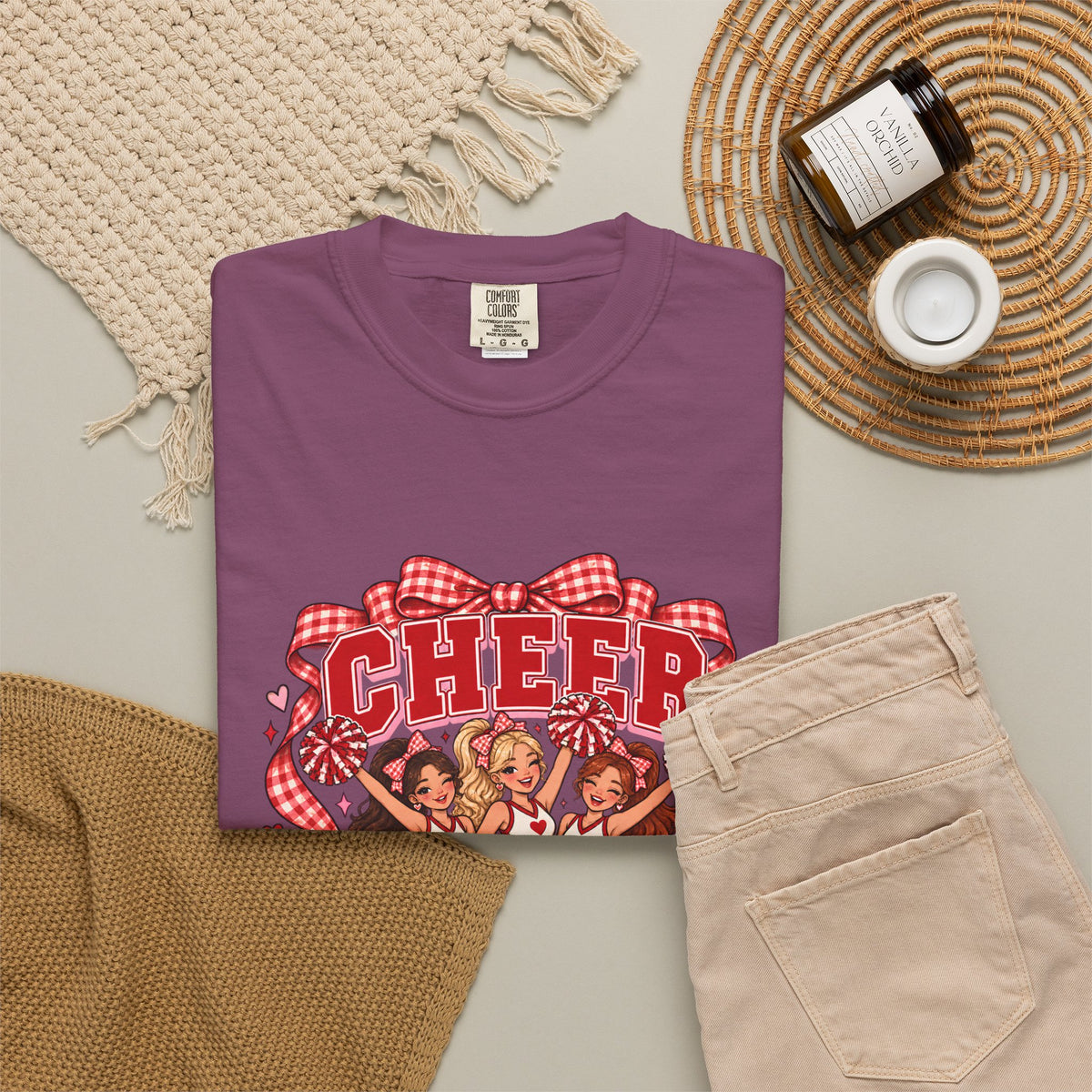 Comfort Colors® Cheer Squad T-Shirt, Red Gingham Bow Cheerleader Gift, Cute Cheer Team Spirit Graphic Tee, Cheerleading Girls Coach Gift
