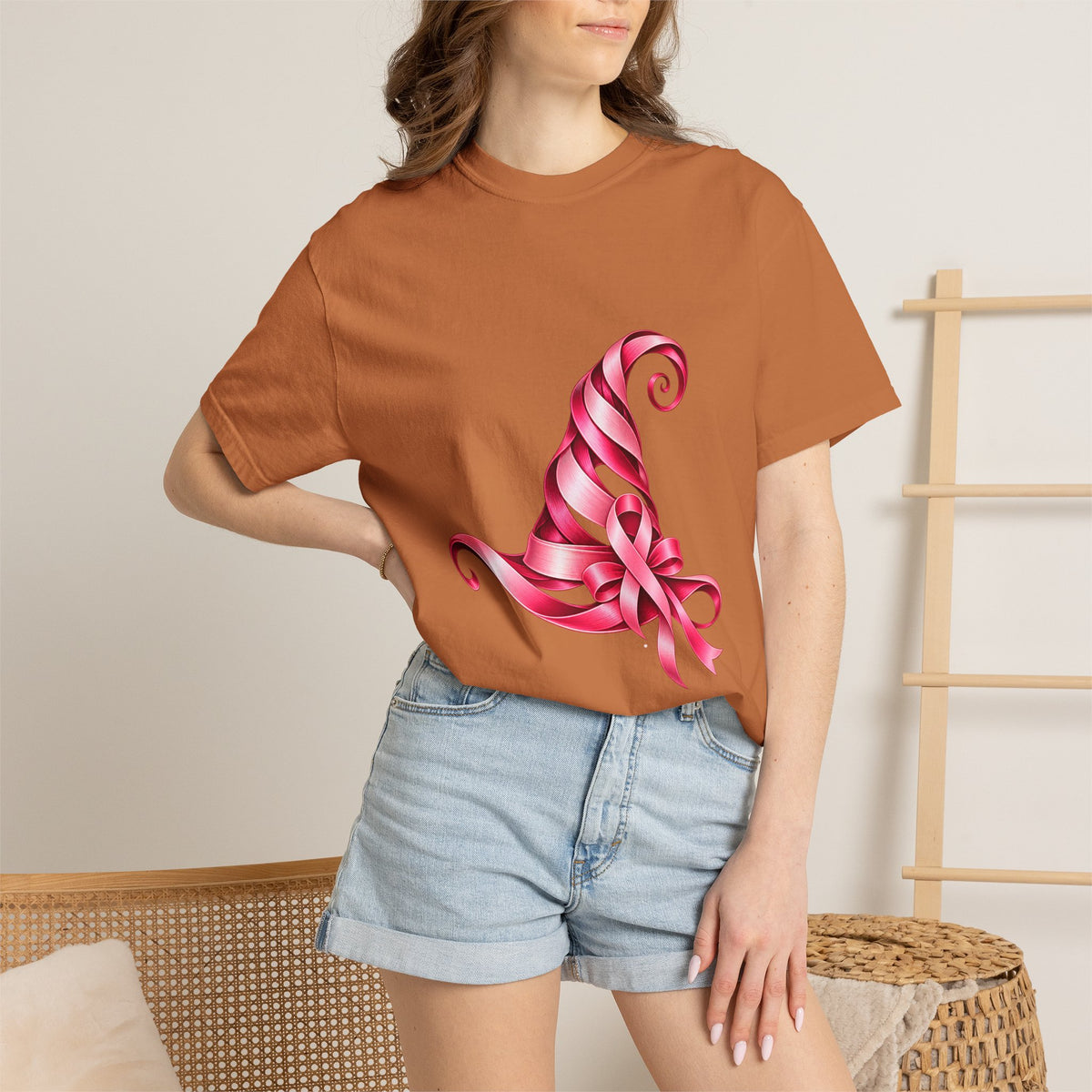 Comfort Colors® Pink Ribbon Witch Hat T-Shirt, Breast Cancer Awareness Gift, Halloween Survivor Support Tee, Pink October Witchy Shirt