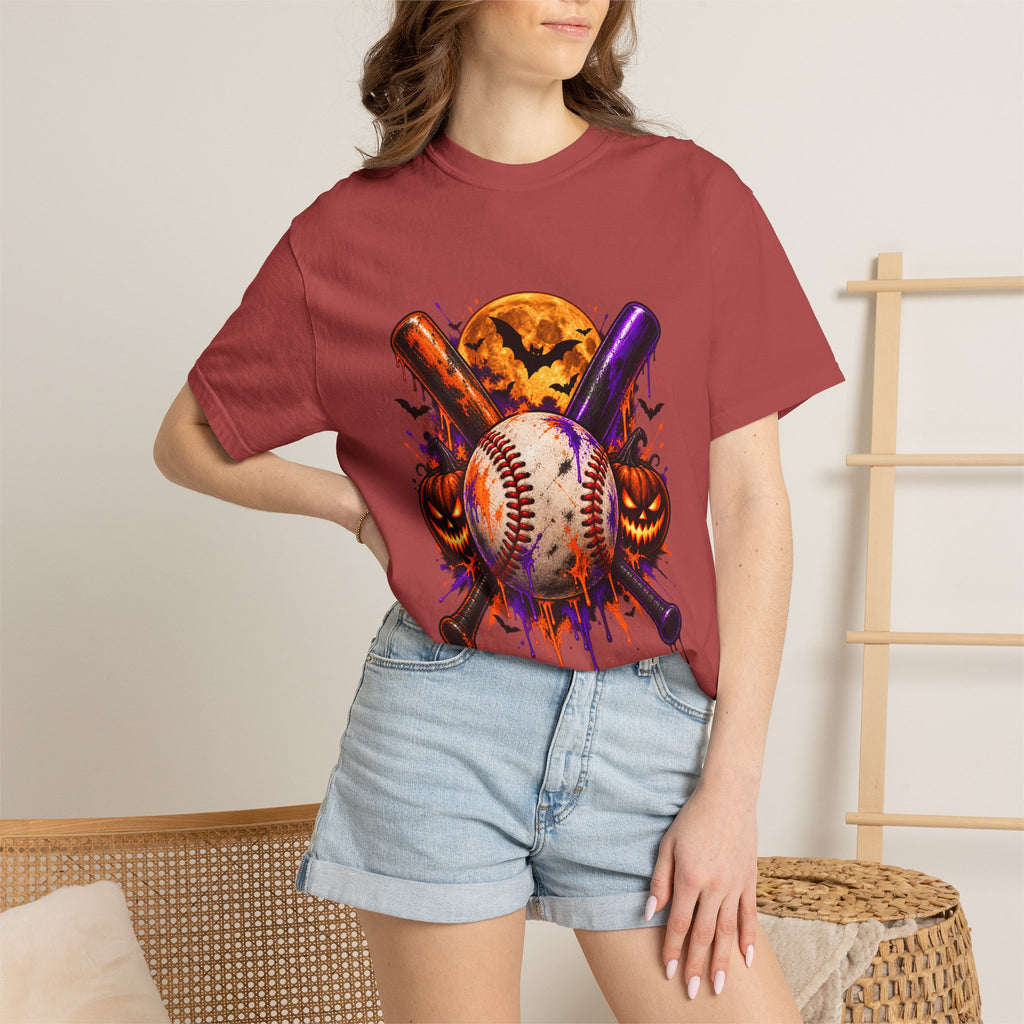 T-shirt de baseball Halloween Comfort Colors®, cadeau de joueur de baseball effrayant, t-shirt graphique pour amateur de baseball citrouille, t-shirt de fan de sport pour Halloween