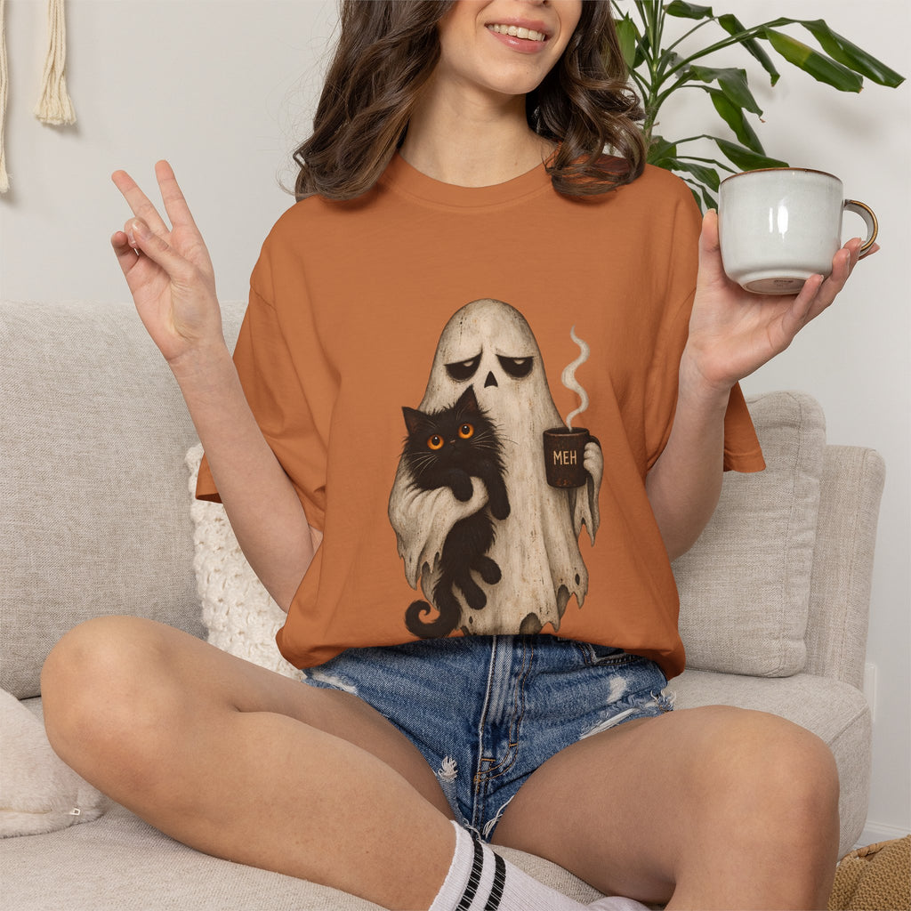 Comfort Colors® Meh Ghost Cat Coffee T-Shirt, Funny Halloween Cat Lover Gift, Sarcastic Spooky Coffee Gift, Grumpy Ghost Graphic Tee
