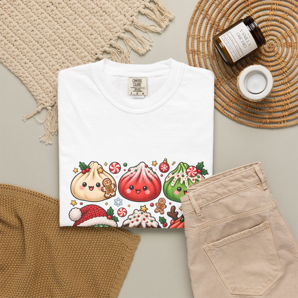 T-shirt de Noël mignon « Comfort Colors® » avec raviolis, cadeau kawaii pour amateur de cuisine pour les fêtes, pour les fans de raviolis, cadeau gourmand de Noël mignon