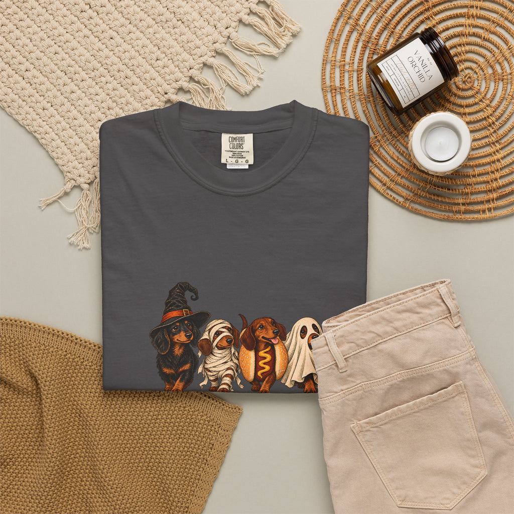 Comfort Colors® Halloween Dachshund T-Shirt, Spooky Wiener Dog Lover Gift, Cute Sausage Dog Costume Shirt, Doxie Halloween Pet Mom Shirt